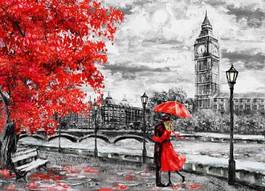Naklejka oil painting on canvas, street of london. artwork. big ben. man and woman under an red umbrella. tree. england. bridge and river