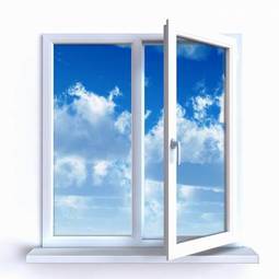 Obraz na płótnie otwórz okno i podziwiaj białe chmury na błękitnym niebie