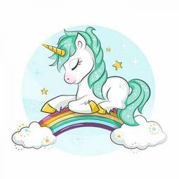 Fototapeta little pony. cute magical unicorn and rainbow. vector design isolated on white background. print for t-shirt or sticker. romantic hand drawing illustration for children.
