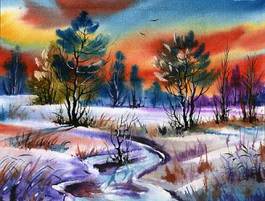 Fototapeta zimowy pejrzaż malowany farbą