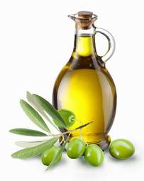 Fototapeta gałązka oliwek z butelką oliwy