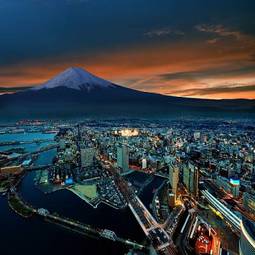 Plakat noc góra tokio japoński fuji