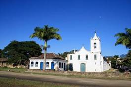 Plakat kościół wioska morze brazylia łódź