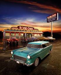 Obraz na płótnie amerykańska jadłodajnia i samochód - obraz retro