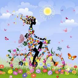 Obraz na płótnie dziewczyna w kwiatach na rowerze
