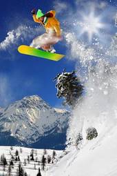 Fototapeta niebo drzewa mężczyzna jazda konna snowboard