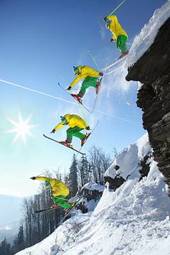 Plakat narty niebo sport snowboarder mężczyzna