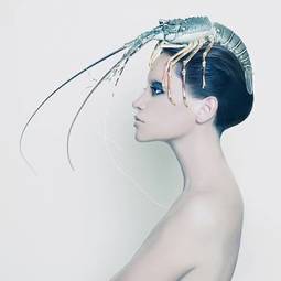 Fotoroleta kobieta z homarem na głowie