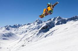 Plakat sporty ekstremalne narty chłopiec góra