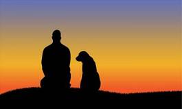 Obraz na płótnie mężczyzna z psem i zachód słońca