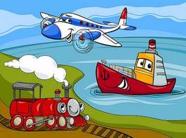 Naklejka kreskówkowa ilustracja pociągu, samolotu i statku