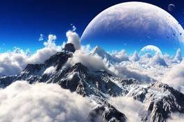 Naklejka nieziemski widok na ośnieżone góry i obce planety