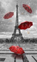 Naklejka czerwone parasolki na tle wieży eiffla