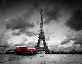 Plakat wieża eiffla i czerwony samochód