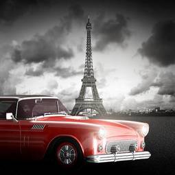 Plakat czerwony retro samochód na tle wieży eiffla