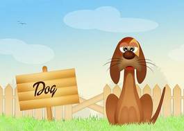 Naklejka pies w trawie i płot, ilustracja