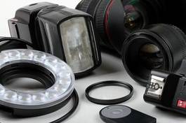 Naklejka photo lenses and equipment on white background
