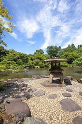 Plakat błękitne niebo krajobraz japonia park ogród japoński