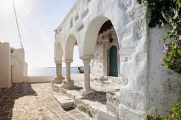 Plakat wyspa santorini architektura grecki plaża