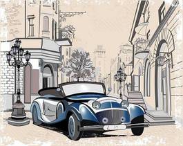 Obraz na płótnie vintage background with a retro car and old town views.