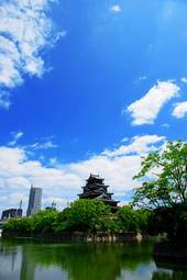 Plakat stary błękitne niebo lato japonia zamek