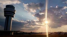 Fototapeta airport control tower at dramatic sunset in sofia, bulgaria