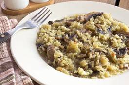 Fototapeta risotto with mushrooms on plate with fork
