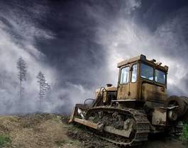 Plakat las kolaż natura niebo traktor
