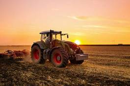 Obraz na płótnie tractor on the barley field by sunset.