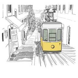 Fotoroleta uliczka z tramwajem - rysunek
