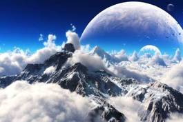 Obraz na płótnie nieziemski widok na ośnieżone góry i obce planety