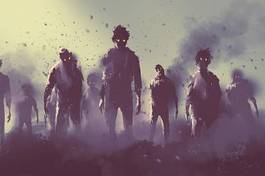 Fototapeta zombie crowd walking at night,halloween concept,illustration painting