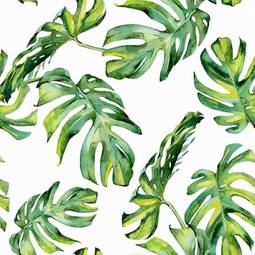 Fotofirana seamless watercolor illustration of tropical leaves, dense jungle. hand painted. banner with tropic summertime motif may be used as background texture, wrapping paper, textile or wallpaper design.