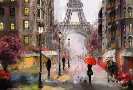 Plakat oil painting on canvas, street view of paris. artwork. eiffel tower . people under a red umbrella. tree. france