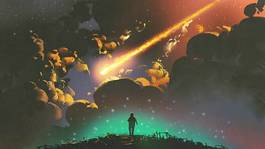 Fotoroleta night scenery of a boy looking the meteor in the colorful sky, digital art style, illustration painting