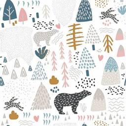 Foto zasłona seamless pattern with bunny,polar bear, forest elements and hand drawn shapes. childish texture. great for fabric, textile vector illustration