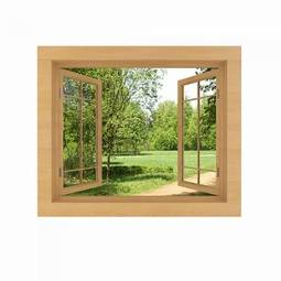 Plakat drewniane okno z widokiem na polanę