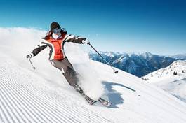 Plakat niebo trasa narciarska narciarz sport kobieta