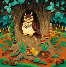 Plakat kreskówka ptak drzewa sowa