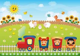 Plakat źrebak owca słońce lokomotywa wioska