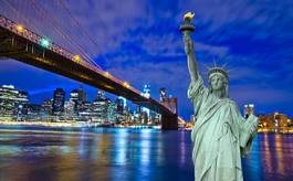 Plakat statua amerykański śródmieście most pejzaż