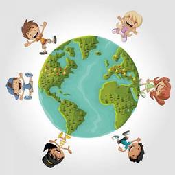 Plakat glob roślina ludzie kreskówka planeta