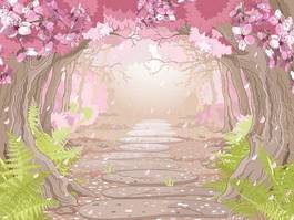 Plakat kwitnący las aleja kreskówka