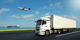 Plakat transport ciężarówka panoramiczny statek niebo