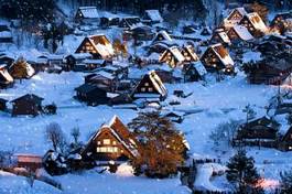 Plakat noc wioska japoński śnieg