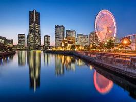 Plakat japonia zatoka noc miasto nowoczesny