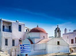 Plakat kościół grecki panoramiczny miasto