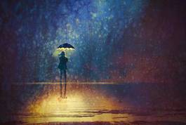 Plakat lonely woman under umbrella lights in the dark,digital painting