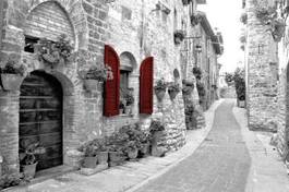 Fototapeta czarno biała uliczka z czerwonymi okiennicami