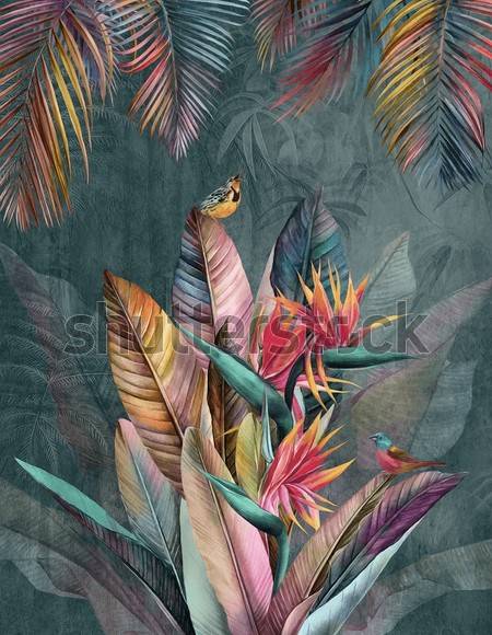 Naklejka tropikalny ptak egzotyczny kwiat lato
